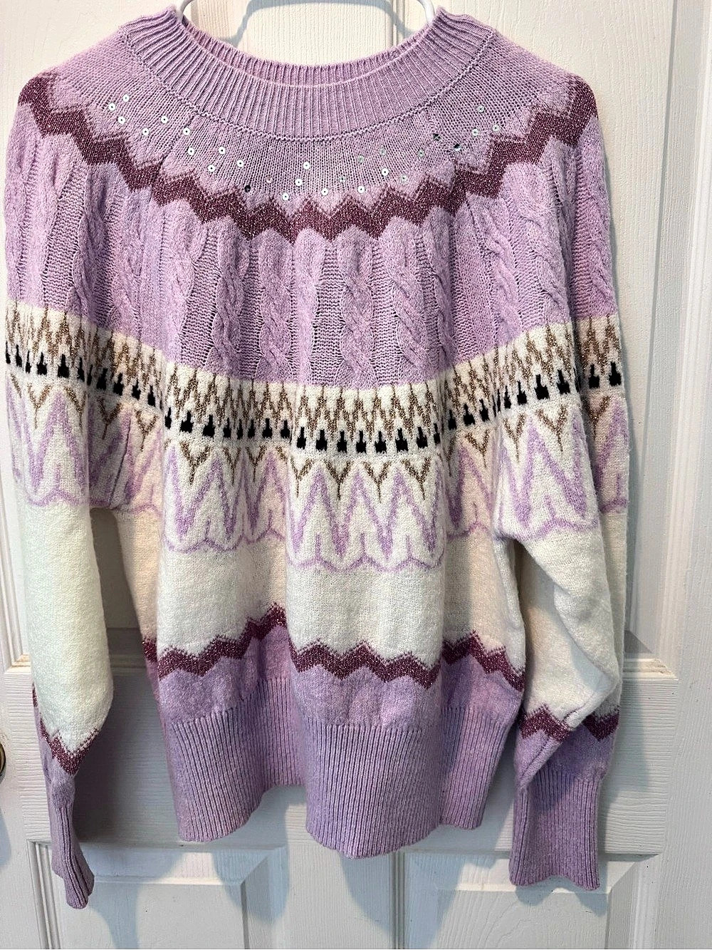 Francesca's Fair Isle Sequin Sweater in Purple & White-Size M